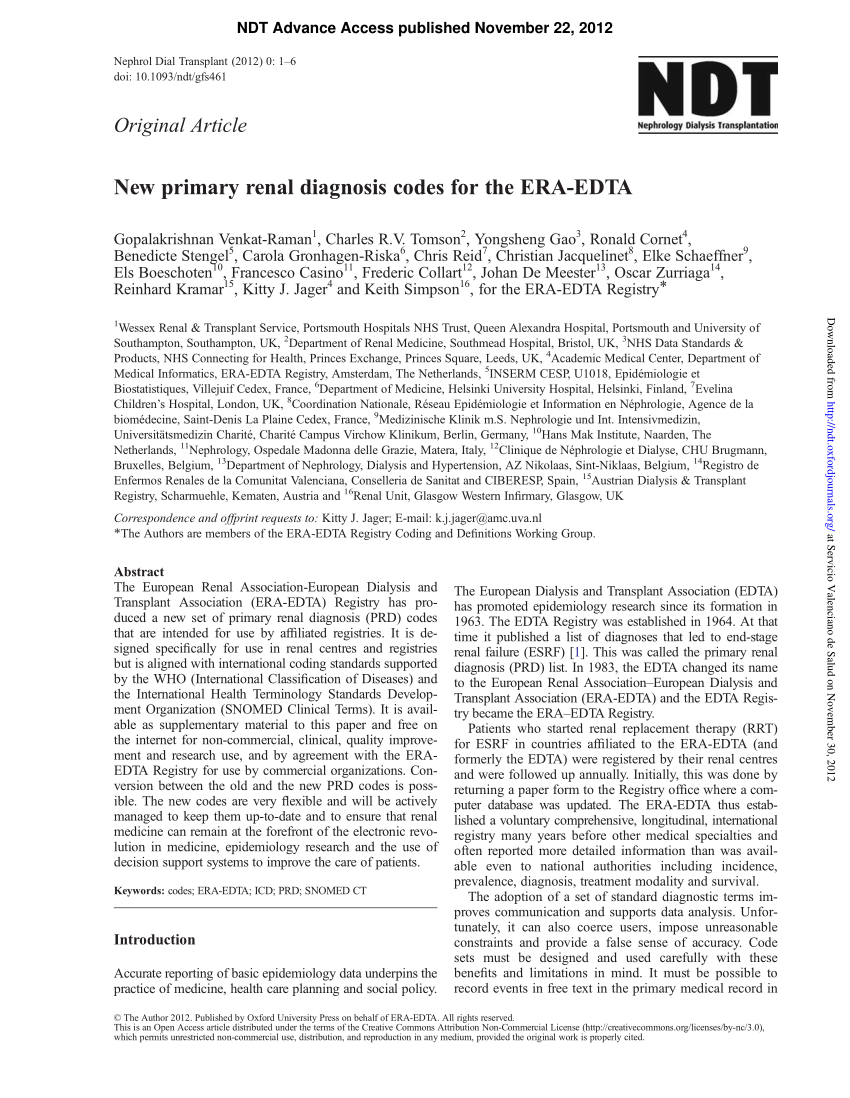 PDF New primary renal diagnosis codes for the ERA EDTA