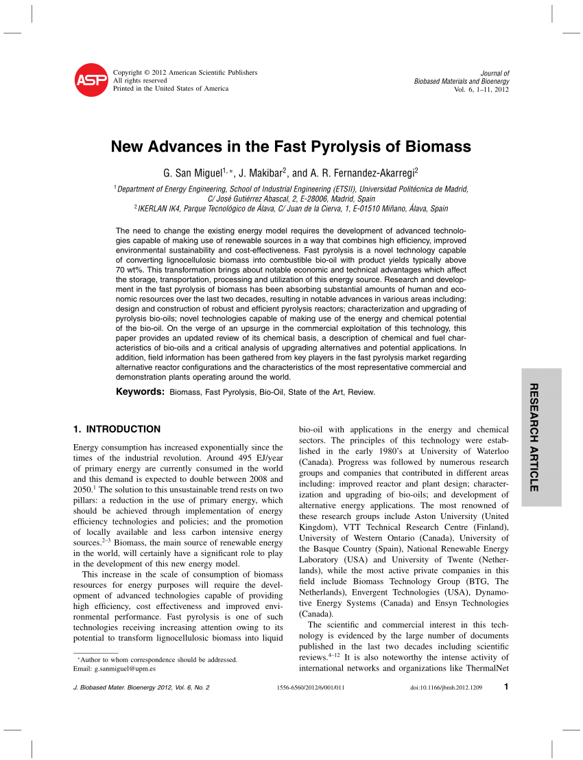 Fast pyrolysis of biomass advances in science and technology