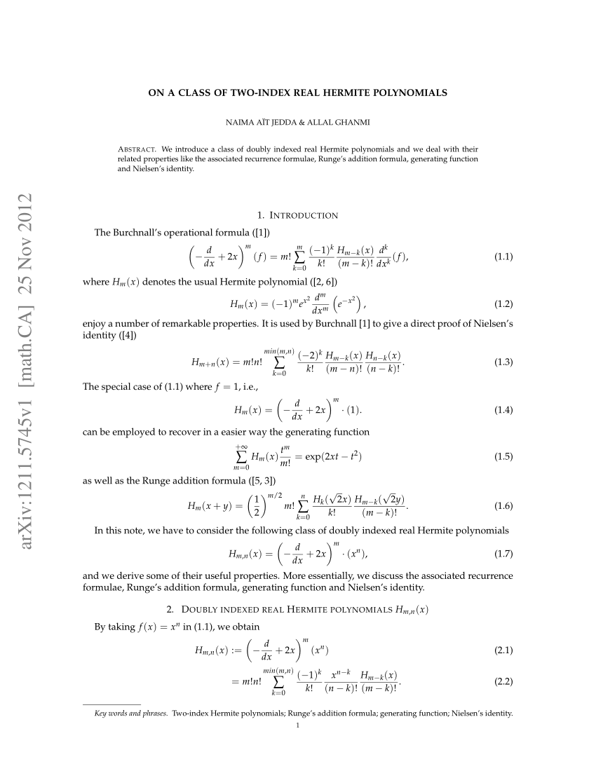 Pdf On A Class Of Two Index Real Hermite Polynomials