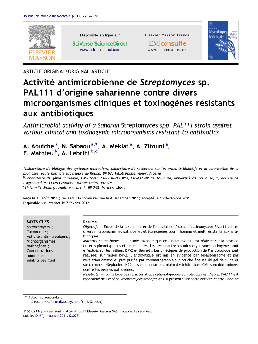 Pdf Antimicrobial Activity Of A Saharan Streptomyces Spp Pal111 Strain Against Various Clinical And Toxinogenic Microorganisms Resistant To Antibiotics