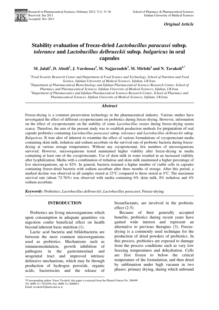 Stability evaluation of freeze-dried Lactobacillus paracasei subsp. tolerance and Lactobacillus delbrueckii subsp. bulgaricus in oral capsules (PDF Download Available)