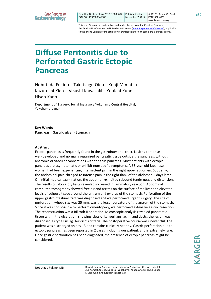 Pdf Diffuse Peritonitis Due To Perforated Gastric Ectopic Pancreas