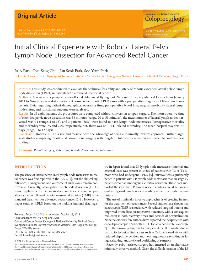 Pdf Initial Clinical Experience With Robotic Lateral Pelvic Lymph Node Dissection For Advanced 9658