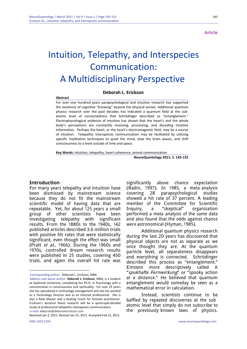 Pdf Intuition Telepathy And Interspecies Communication A Multidisciplinary Perspective