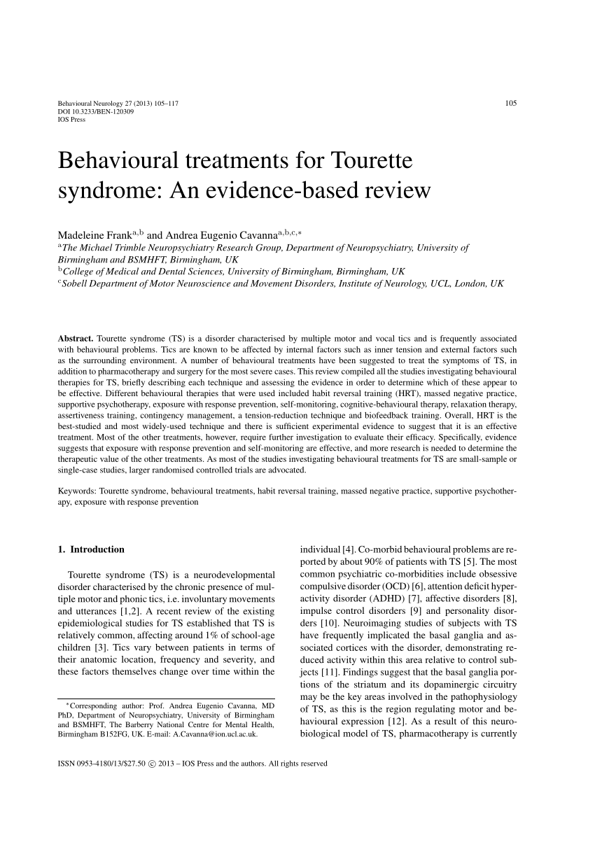 Pdf Behavioural Treatments For Tourette Syndrome An Evidence Based Review