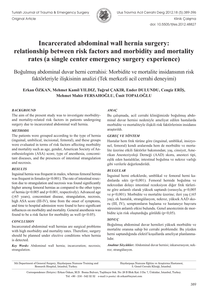 PDF) Incarcerated abdominal wall hernia surgery: relationship between risk  factors and morbidity and mortality rates (a single center emergency surgery  experience)