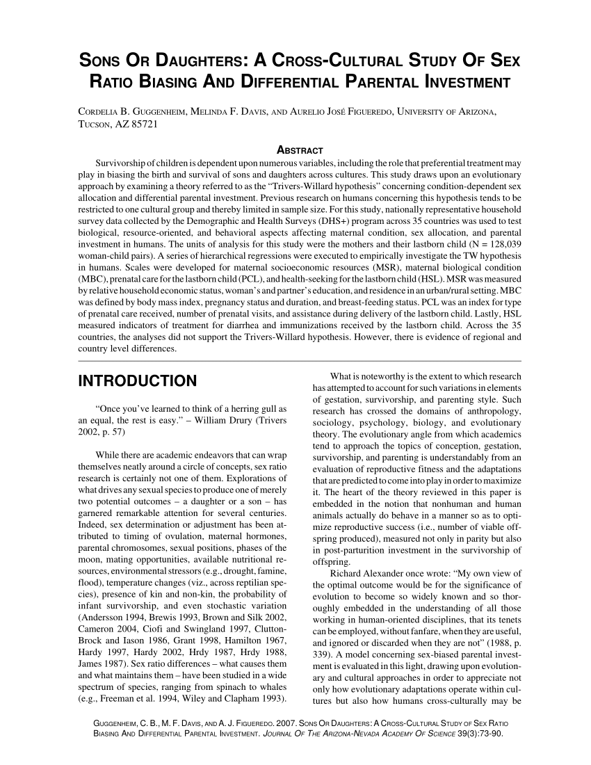 PDF) Sons or Daughters: A Cross-Cultural Study of Sex-Ratio Biasing and  Differential Parental Investment