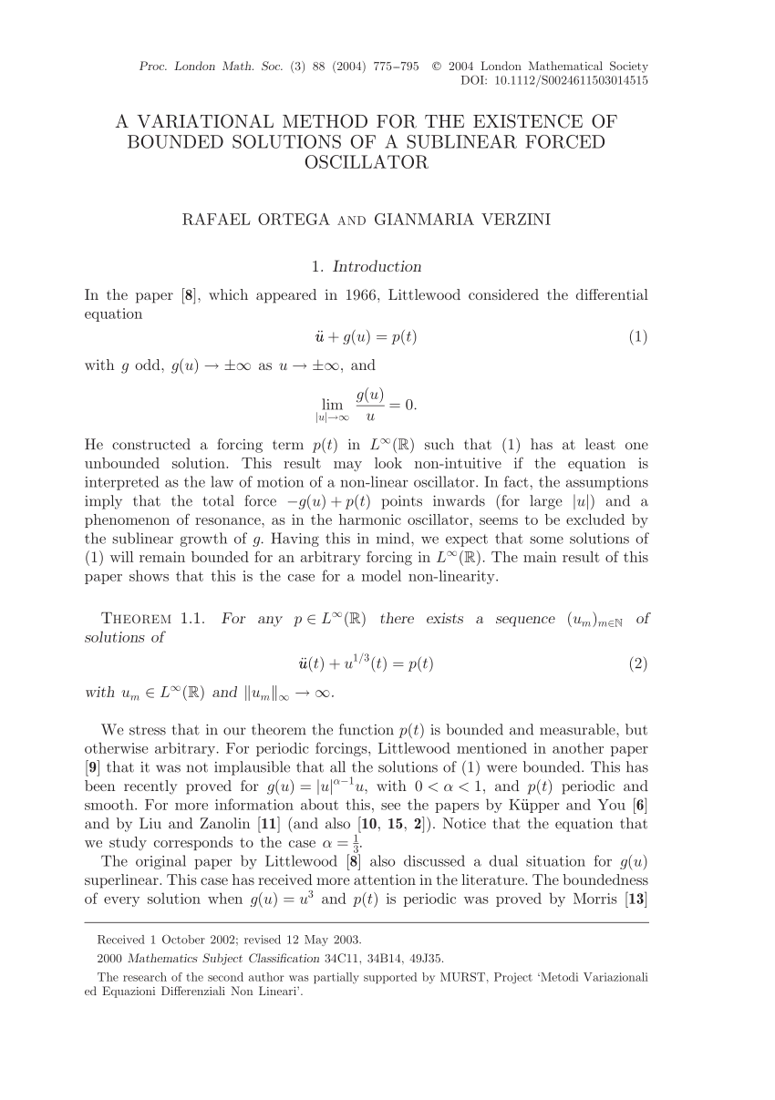 Pdf A Variational Method For The Existence Of Bounded Solutions Of A Sublinear Forced Oscillator