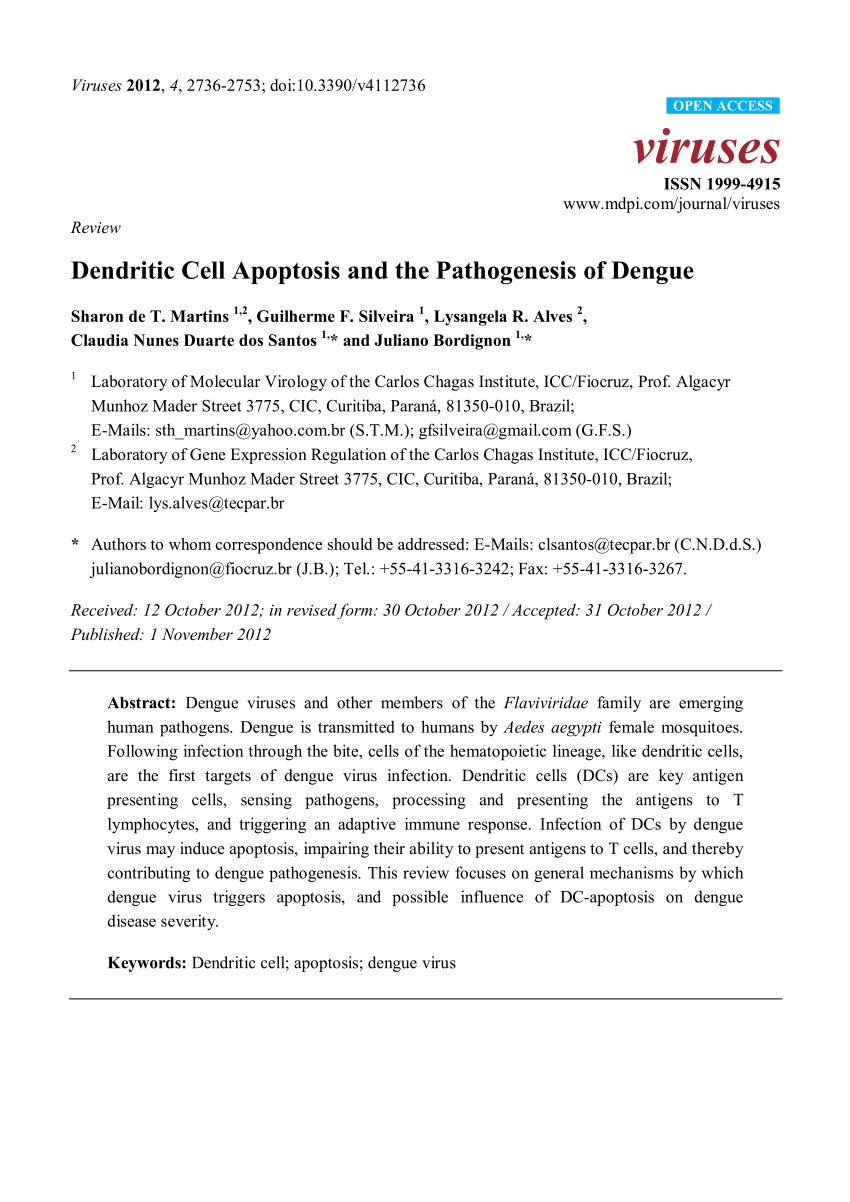 Pdf Dendritic Cell Apoptosis And The Pathogenesis Of Dengue