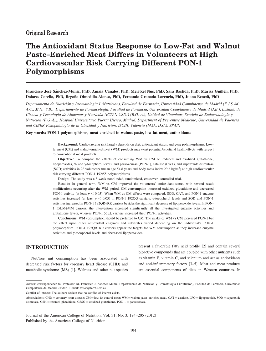 Pdf The Antioxidant Status Response To Low Fat And Walnut - 