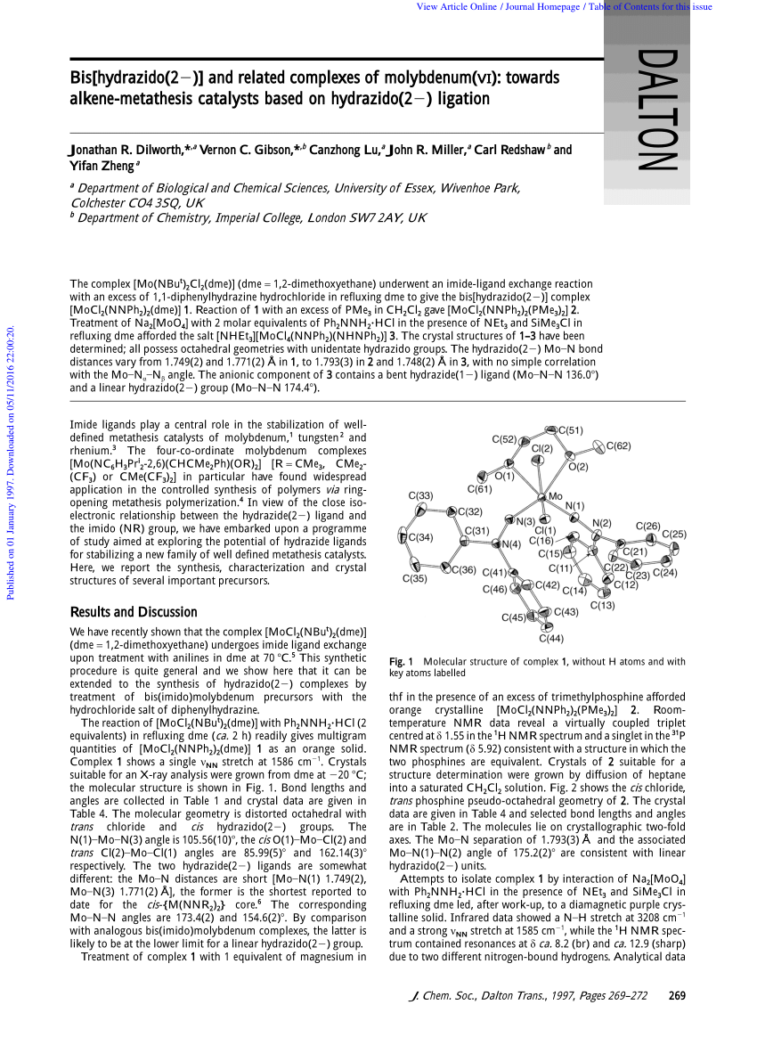 Pdf Bis Hydrazido 2 And Related Complexes Of Molybdenum Vi Towards Alkene Metathesis Catalysts Based On Hydrazido 2 Ligation