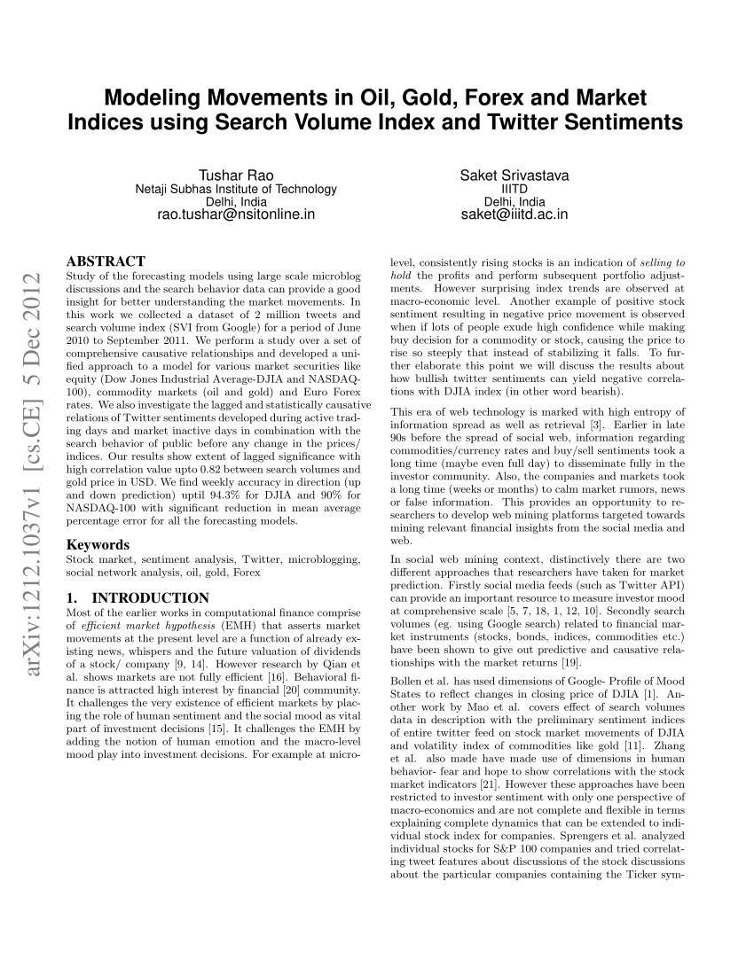 Pdf Modeling Movements In Oil Gold Forex And Market Indices Using Search Volume Index And Twitter Sentiments