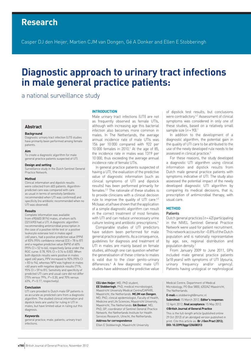 Pdf Diagnostic Approach To Urinary Tract Infections In Male General Practice Patients A