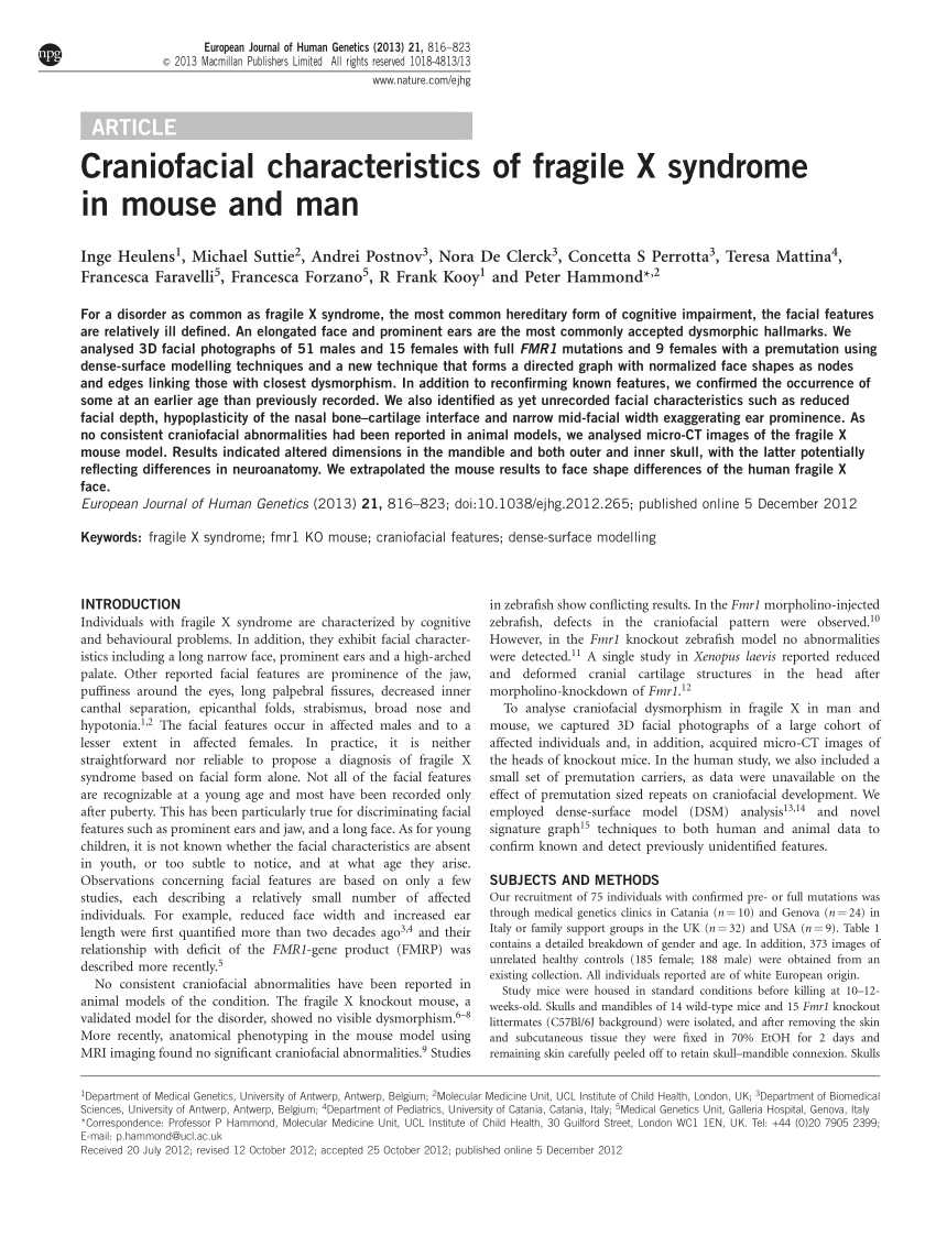 Pdf Craniofacial Characteristics Of Fragile X Syndrome In Mouse And Man