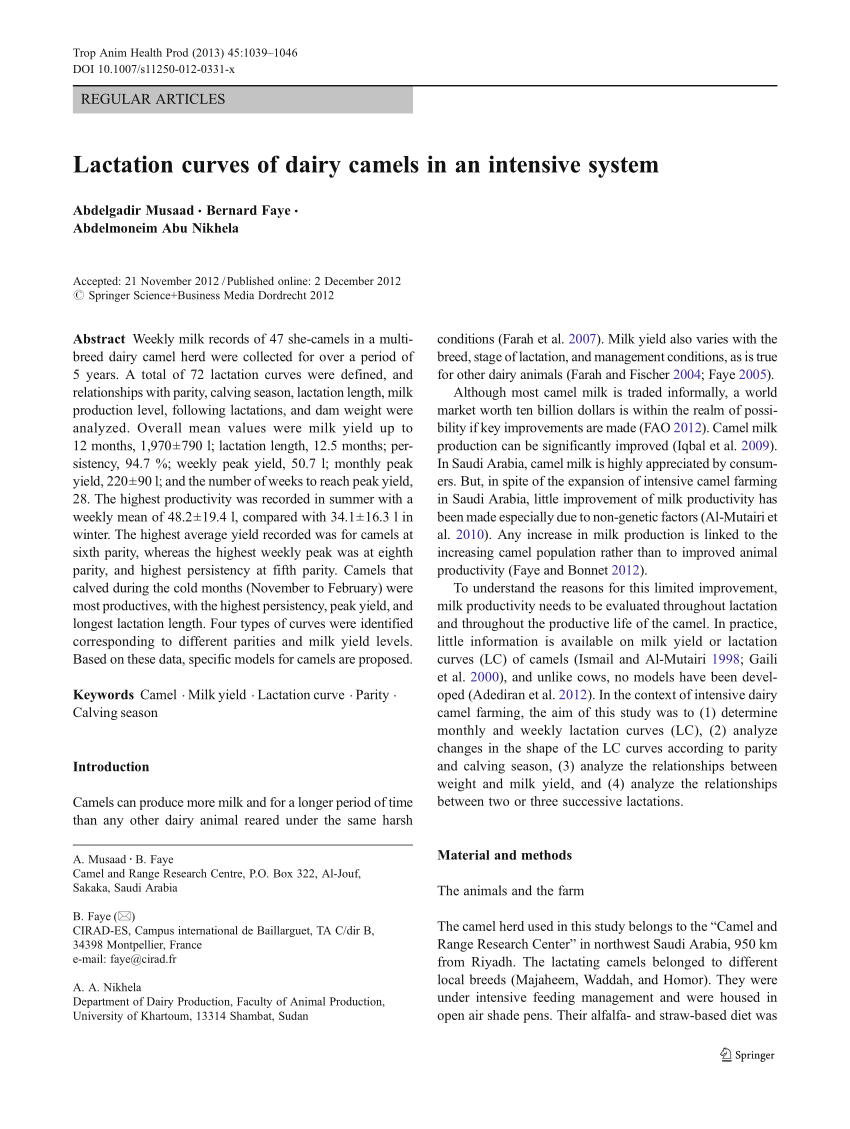 Pdf Lactation Curves Of Dairy Camels In An Intensive System