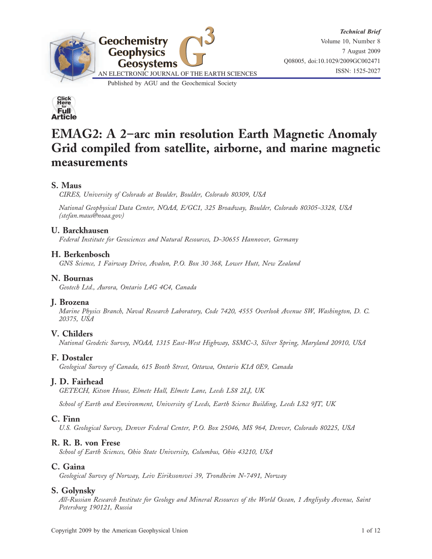 Pdf Emag2 A 2 Arc Min Resolution Earth Magnetic Anomaly Grid Compiled From Satellite Airborne And Marine Magnetic Measurements