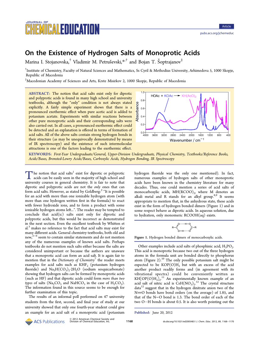 Pdf On The Existence Of Hydrogen Salts Of Monoprotic Acids