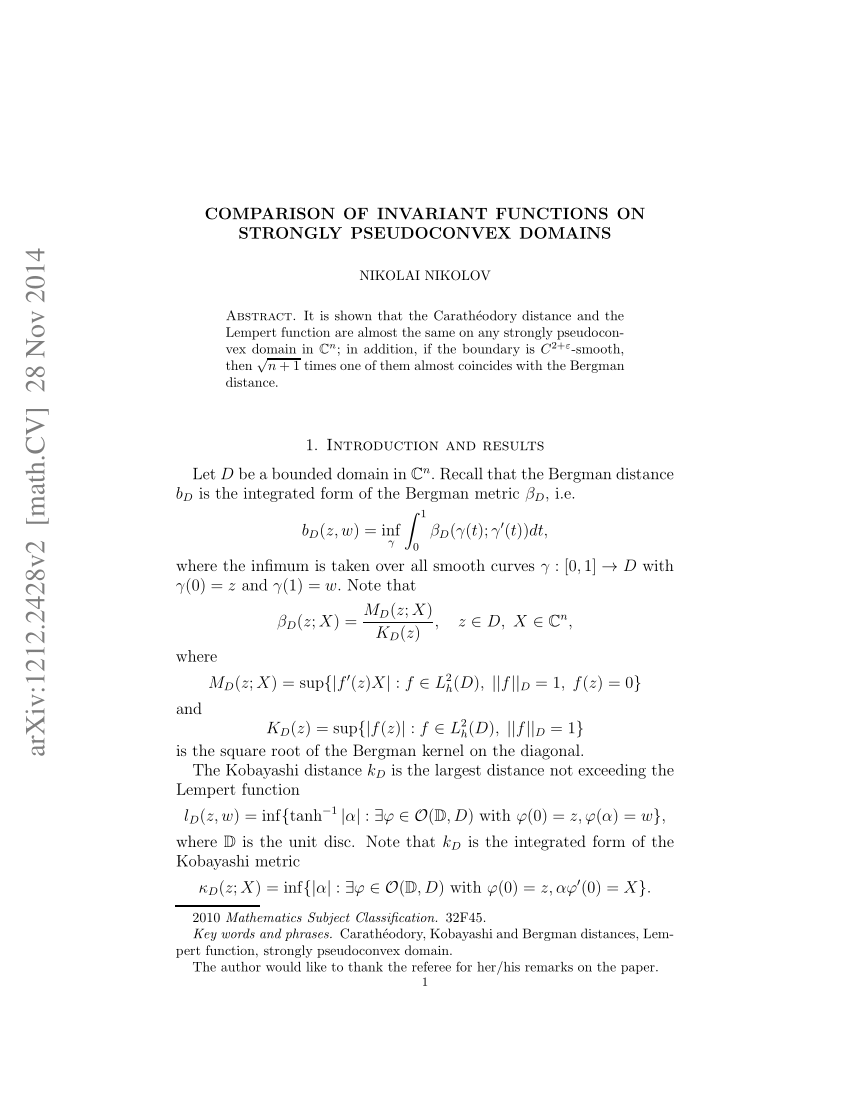 Pdf Comparison Of Invariant Functions On Strongly Pseudoconvex Domains