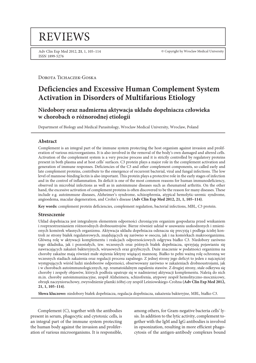 Pdf Deficiencies And Excessive Human Complement System Activation In Disorders Of Multifarious 6817