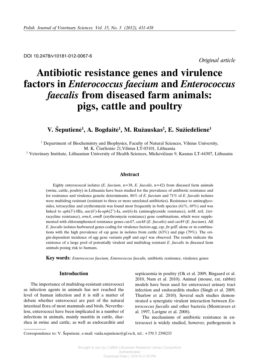 Pdf Antibiotic Resistance Genes And Virulence Factors In
