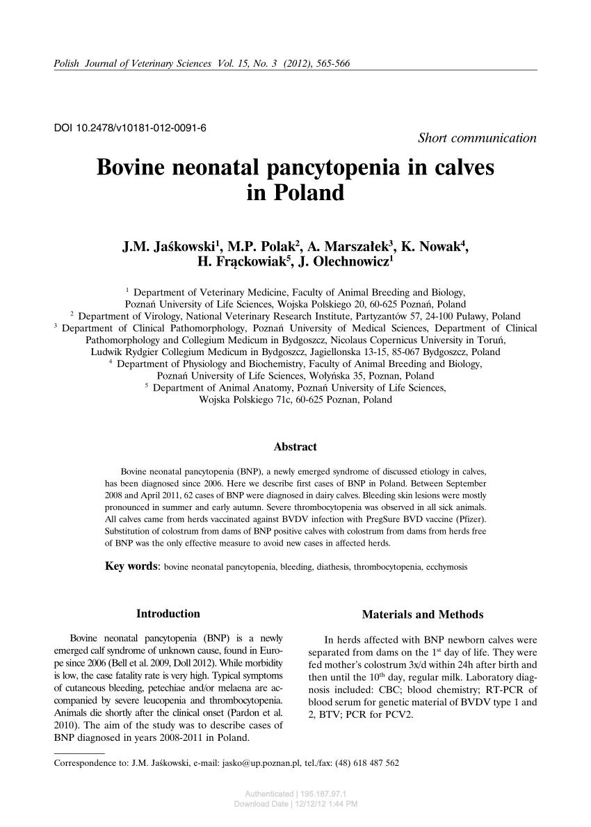 Pdf Bovine Neonatal Pancytopenia In Calves In Poland