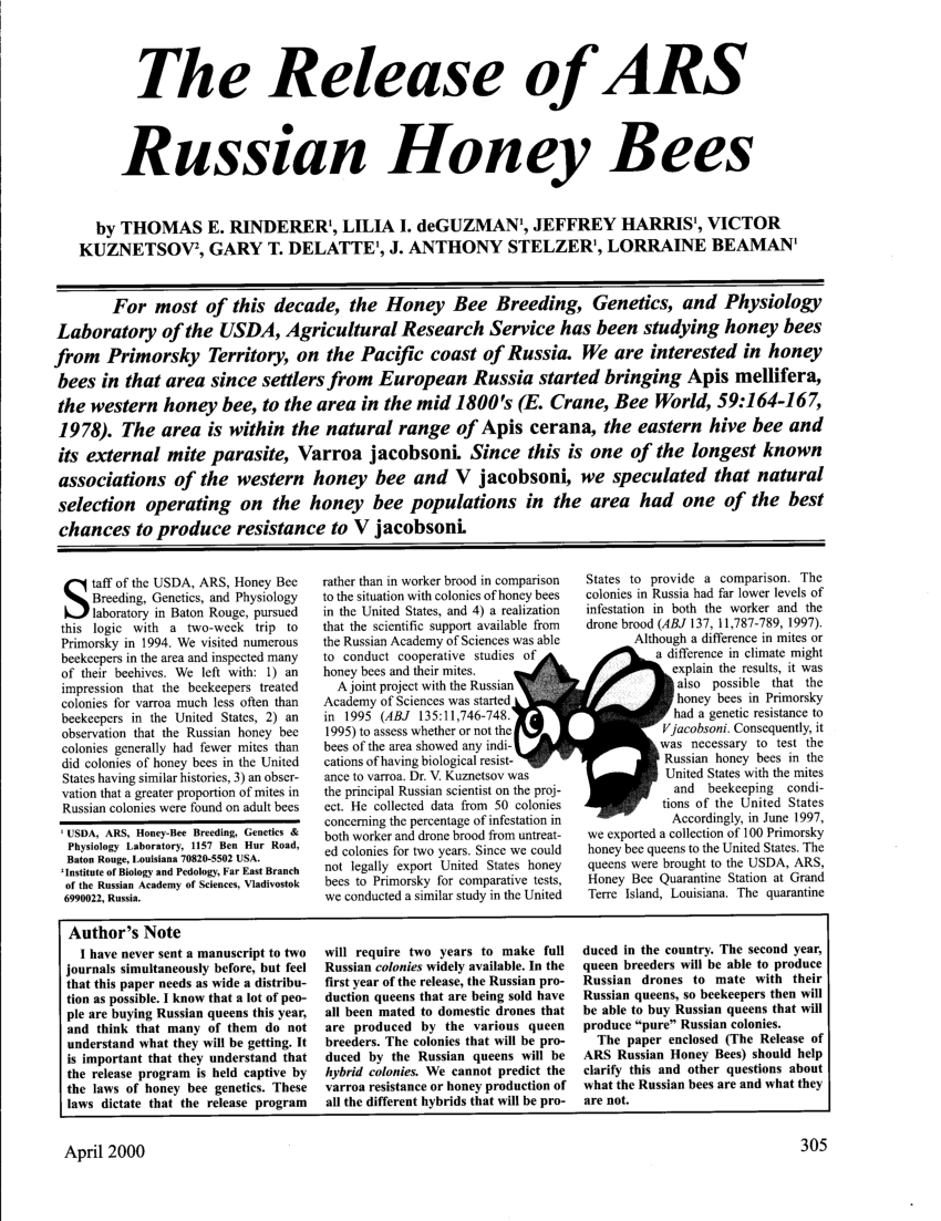 Pdf The Release Of Ars Russian Honey Bees 
