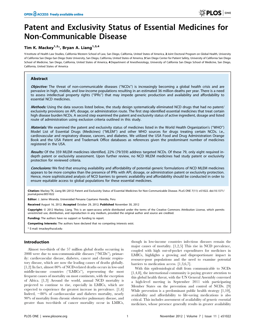 Pdf Patent And Exclusivity Status Of Essential Medicines For Non Communicable Disease 7735