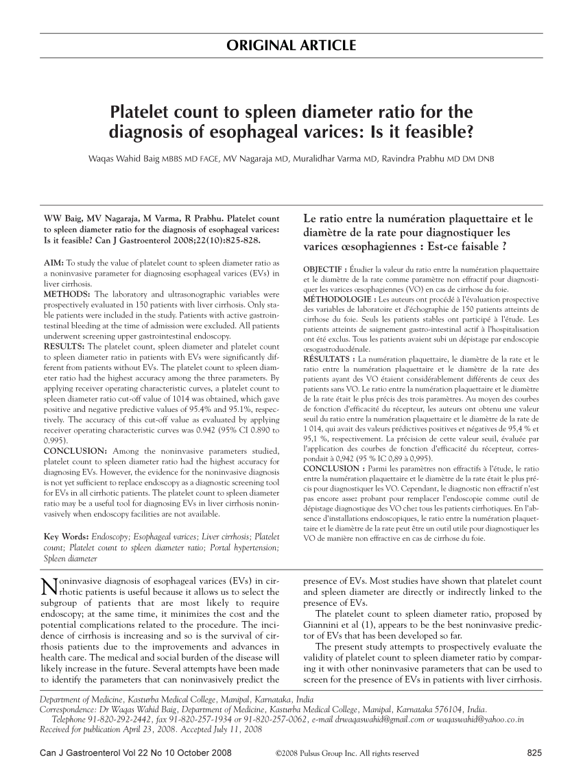 Pdf Platelet Count To Spleen Diameter Ratio For The Diagnosis Of Esophageal Varices Is It 6268