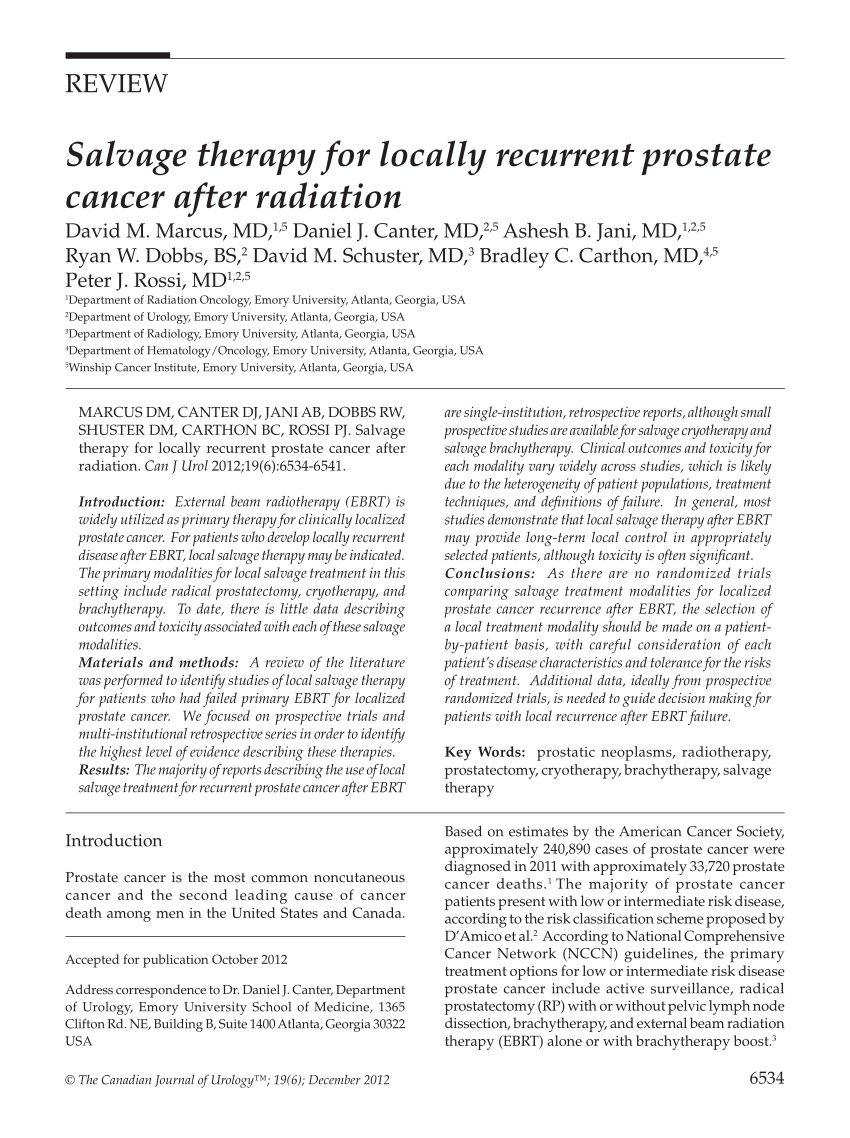 Pdf Salvage Therapy For Locally Recurrent Prostate Cancer After Radiation 5195
