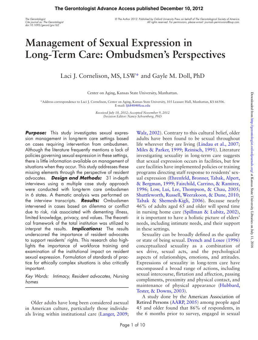 Pdf Management Of Sexual Expression In Long Term Care Ombudsmens Perspectives
