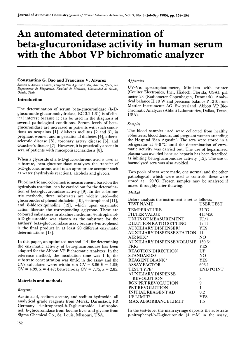 Pdf An Automated Determination Of Beta Glucuronidase Activity In Human Serum With The Abbot Vp Bichromatic Analyzer