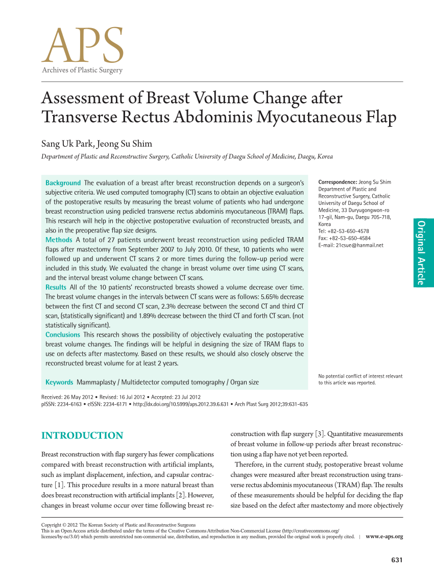 PDF) Assessment of Volume Change after Transverse Rectus Abdominis Myocutaneous Flap