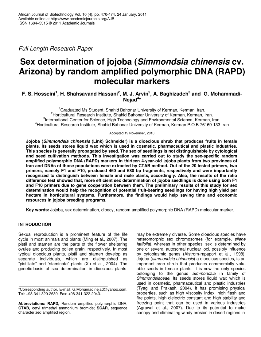 pdf  sex determination of jojoba  simmondsia chinensis cv  arizona  by random amplified