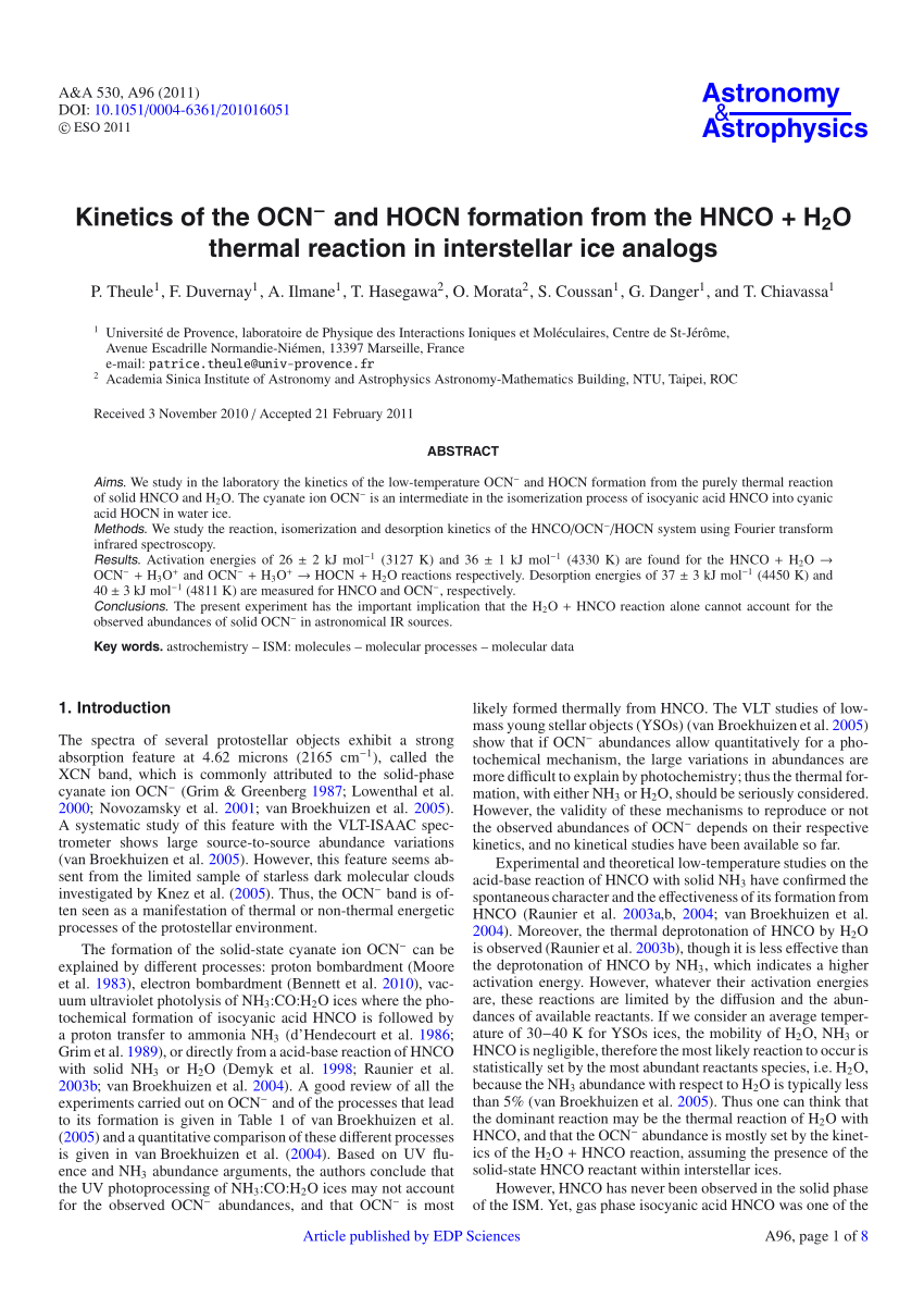 Pdf Kinetics Of The Ocn And Hocn Formation From The Hnco H2o Thermal Reaction In Interstellar Ice Analogs