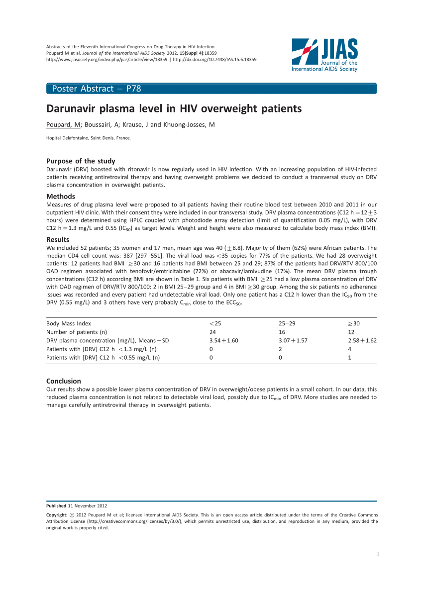 Pdf Darunavir Plasma Level In Hiv Overweight Patients