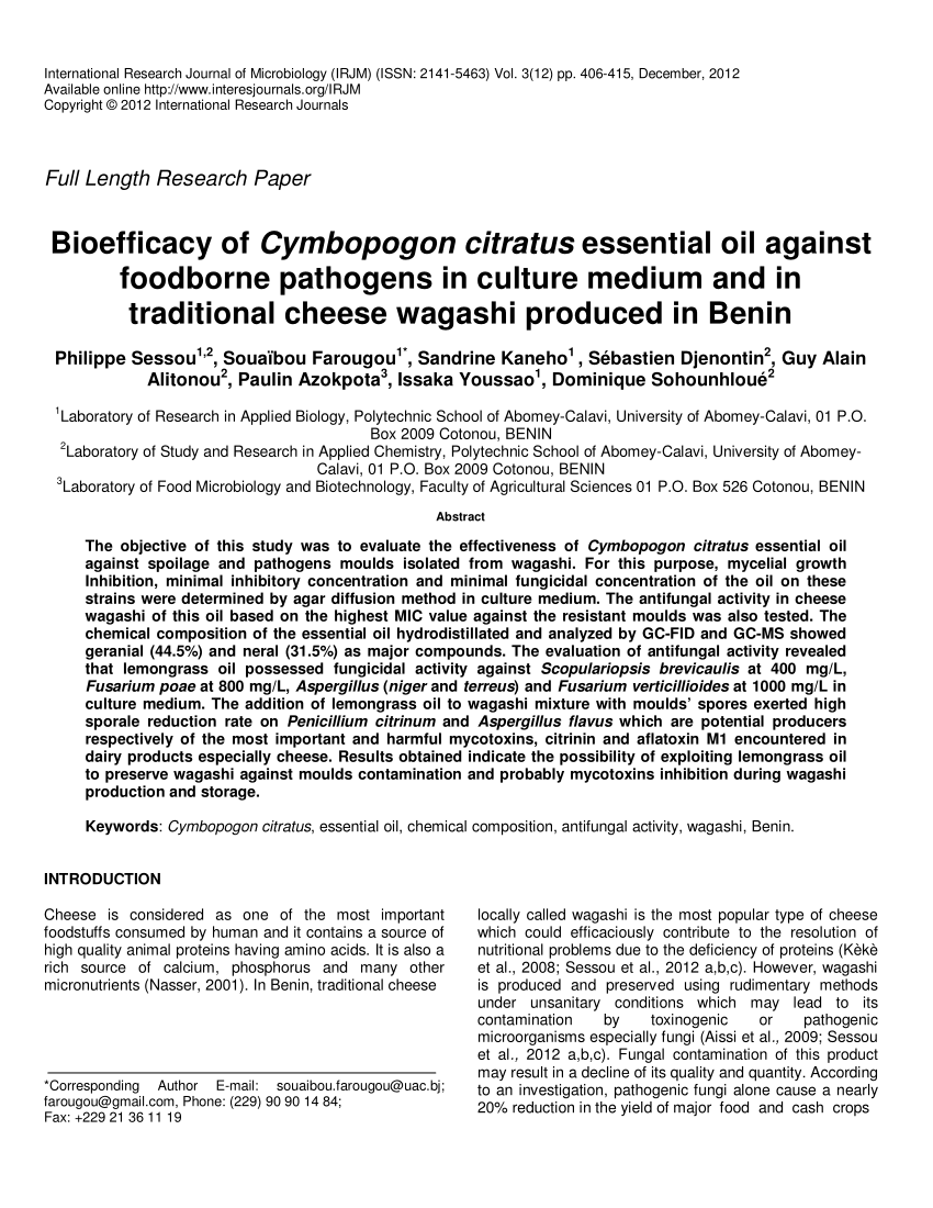 Pdf Bioefficacy Of Cymbopogon Citratus Essential Oil Against Foodborne Pathogens In Culture Medium And In Traditional Cheese Wagashi Produced In Benin