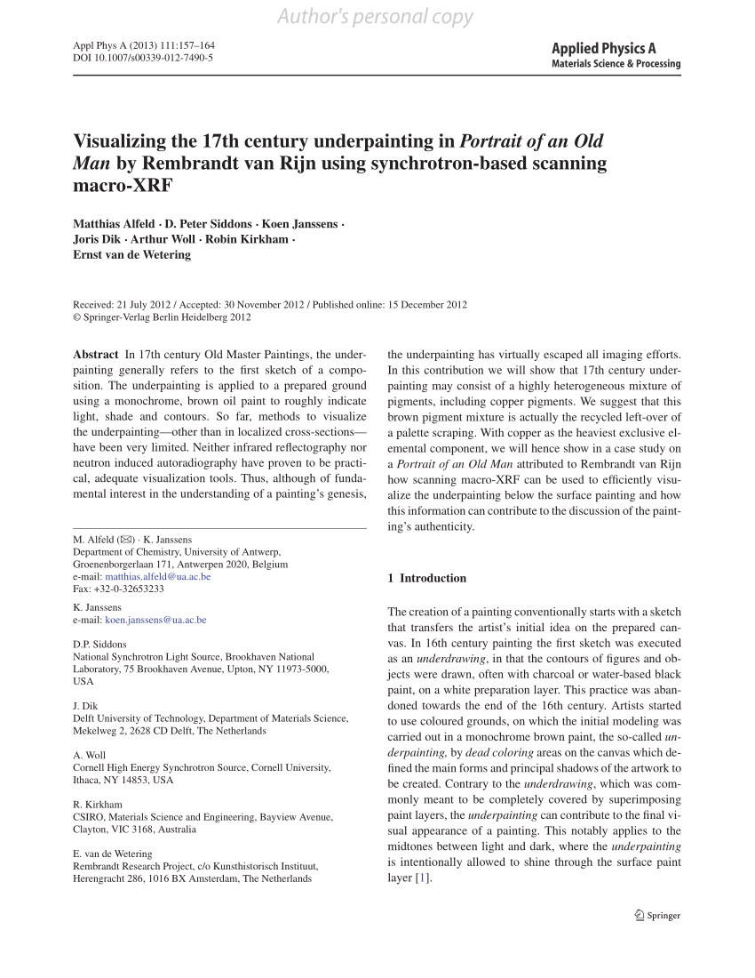 Pdf Visualizing The 17th Century Underpainting In Portrait
