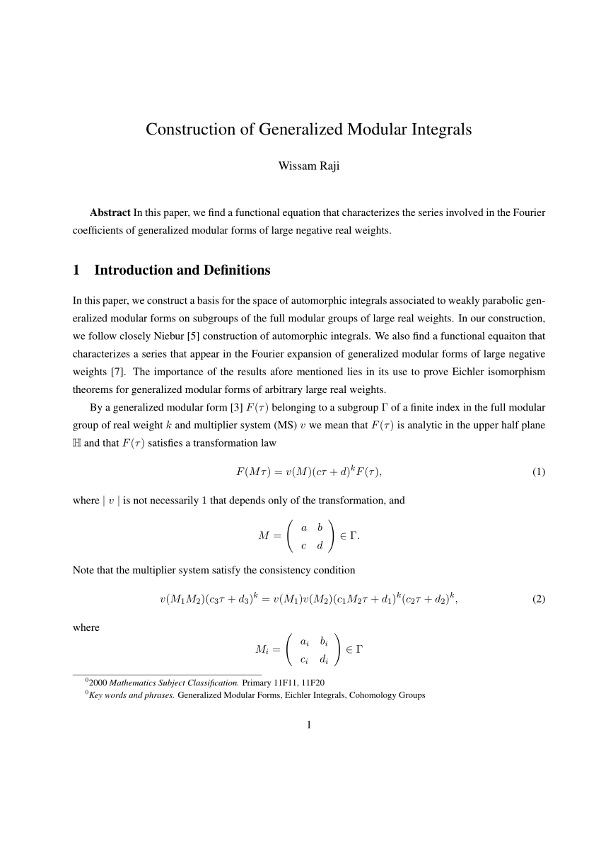 (PDF) Construction of Generalized Modular Integrals.