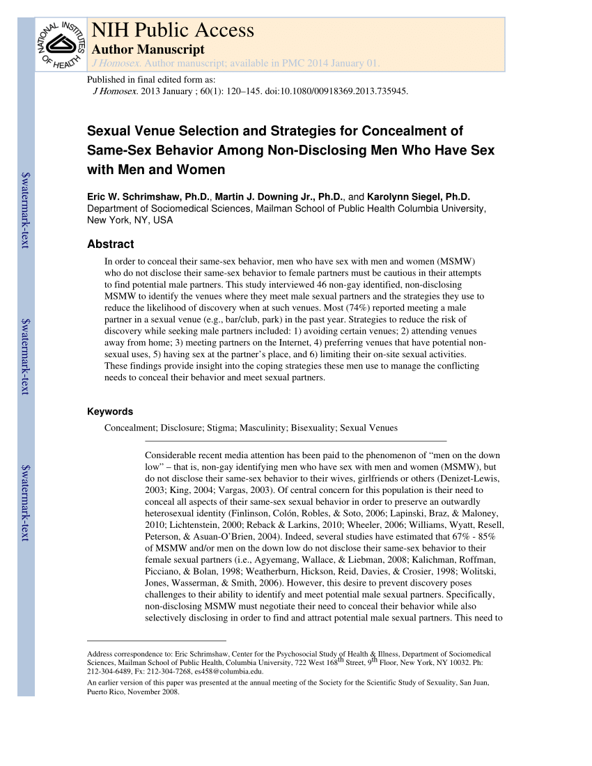 PDF) Sexual Venue Selection and Strategies for Concealment of Same-Sex Behavior Among Non-Disclosing Men Who Have Sex with Men and Women