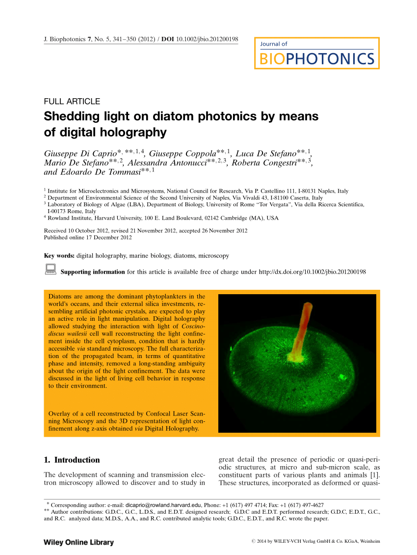 Pdf Shedding Light On Diatom Photonics By Means Of Digital Holography