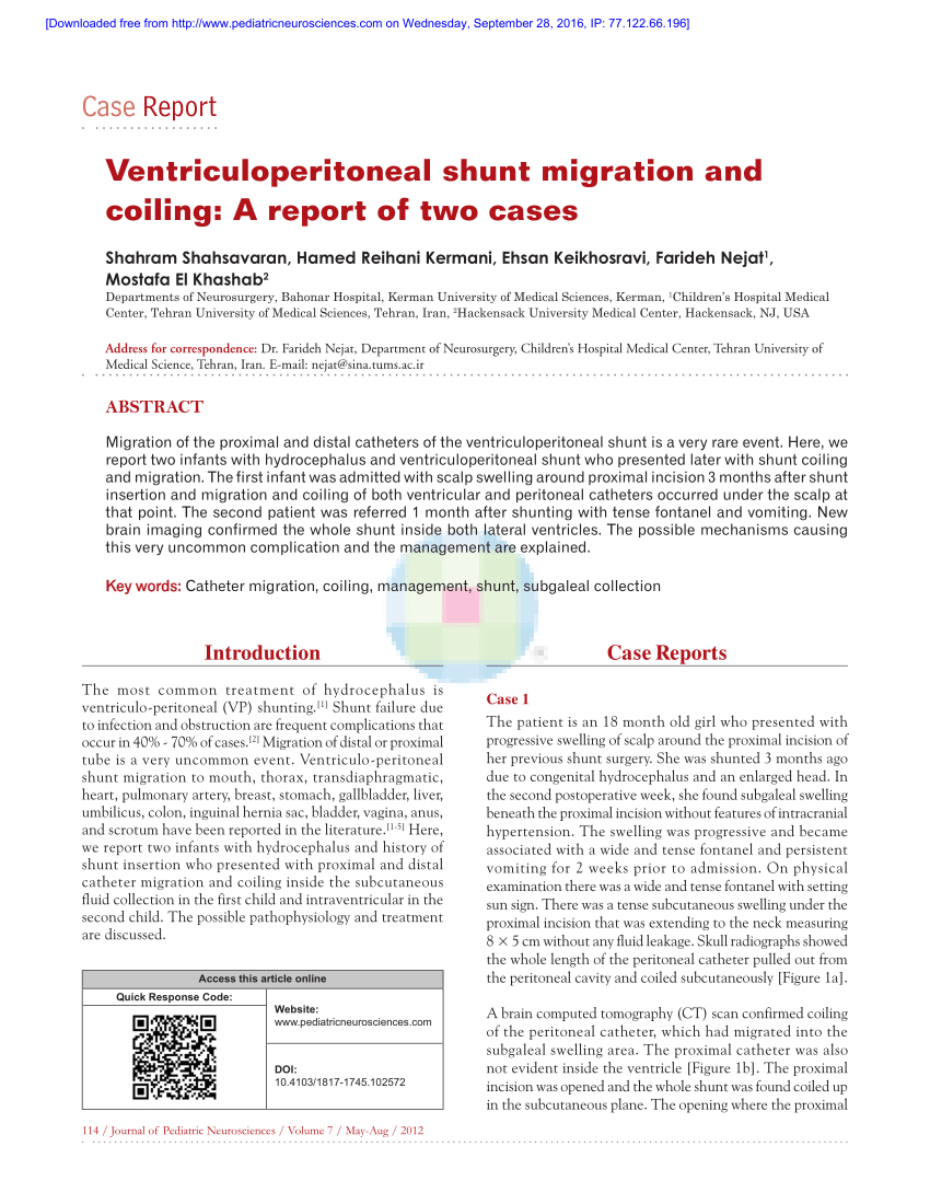 Pdf Ventriculoperitoneal Shunt Migration And Coiling A Report Of Two Cases 5097