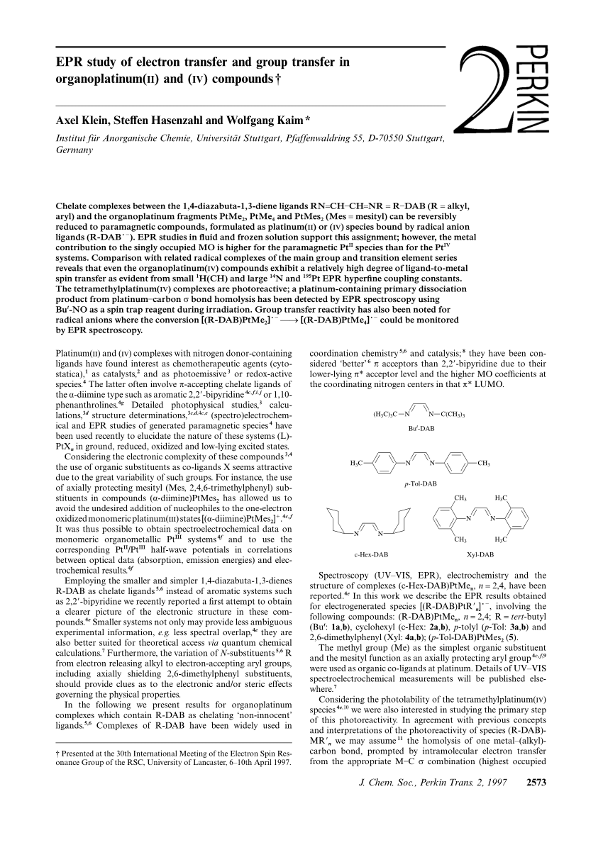 Pdf Epr Study Of Electron Transfer And Group Transfer In Organoplatinum Ii And Iv Compounds