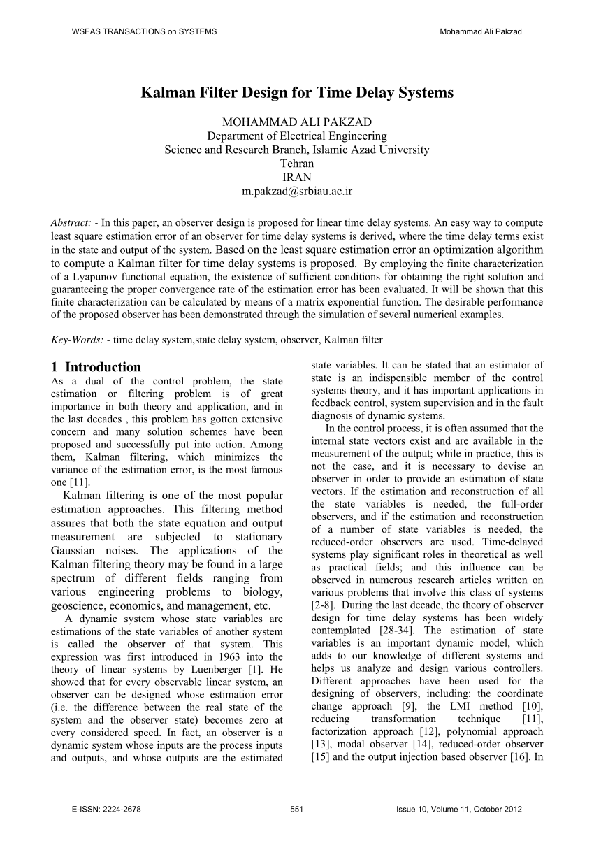 Pdf Kalman Filter Design For Time Delay Systems