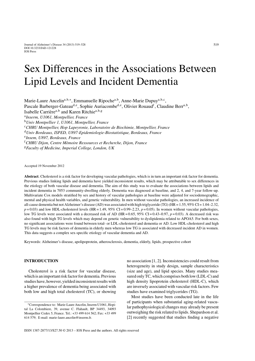 Pdf Sex Differences In The Associations Between Lipid Levels And Incident Dementia