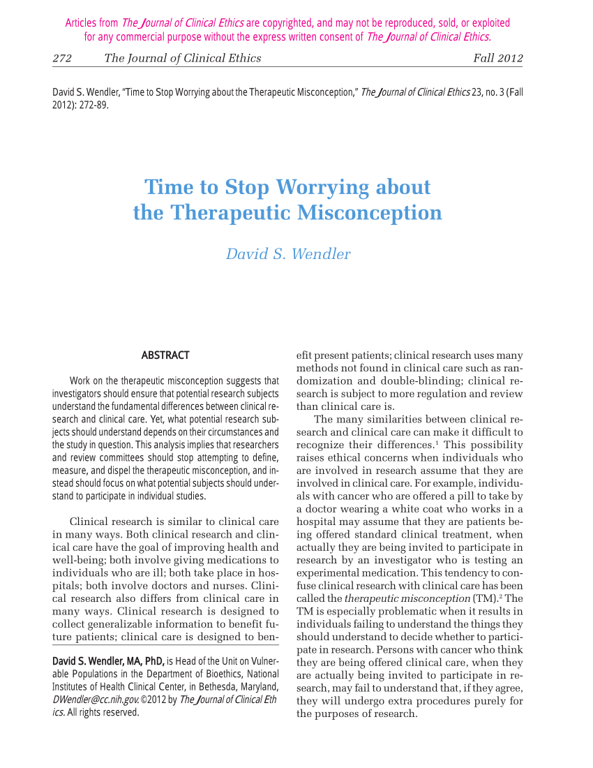 (PDF) Time to Stop Worrying about the Therapeutic Misconception