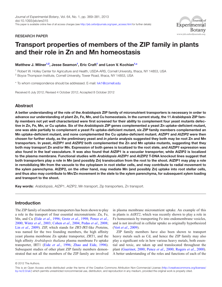 Pdf Transport Properties Of Members Of The Zip Family In Plants And Their Role In Zn And Mn Homeostasis