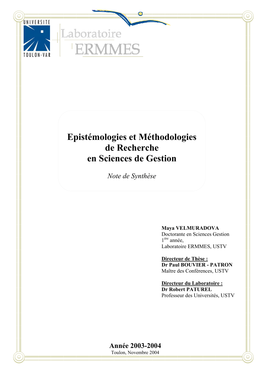 (PDF) Épistémologies et Méthodologies de Recherche en Sciences de