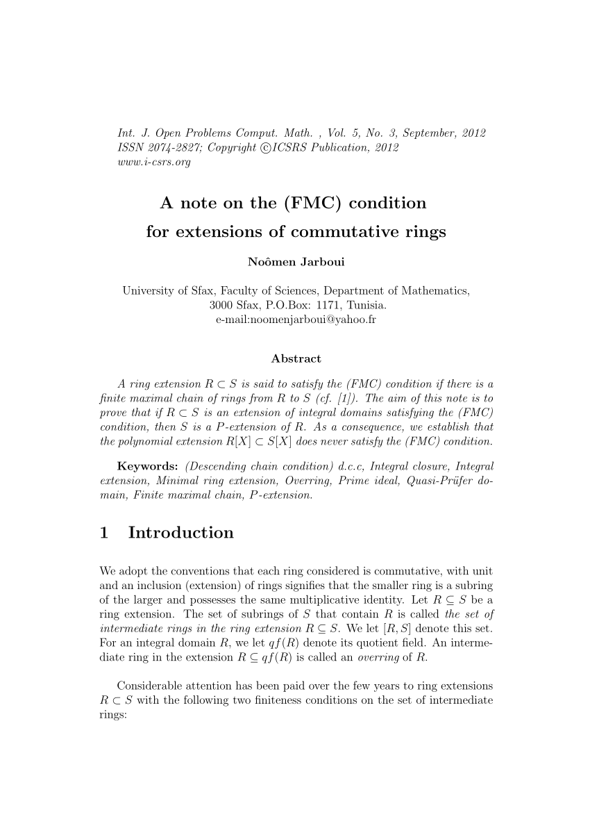 Pdf A Note On The Fmc Condition For Extensions Of Commutative Rings