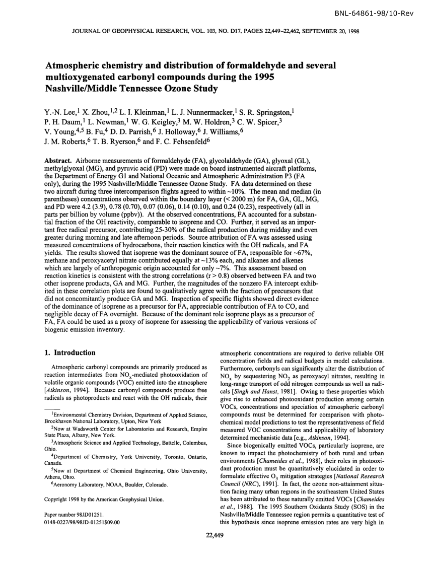 Pdf Atmospheric Chemistry And Distribution Of Formaldehyde And Several Multioxygenated Carbonyl Compounds During The 1995 Nashville Middle Tennessee Ozone Study