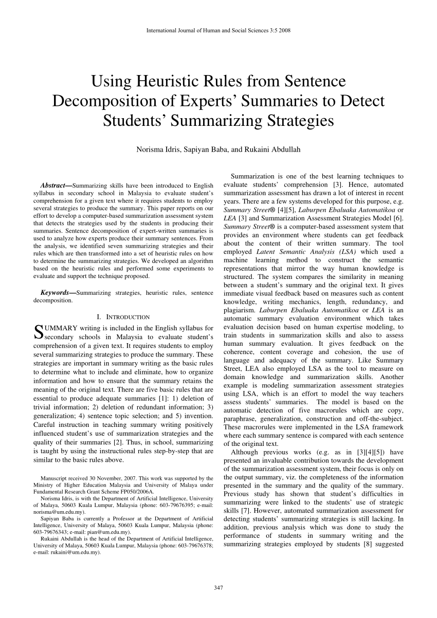 Pdf Using Heuristic Rules From Sentence Decomposition Of Experts Summaries To Detect Students Summarizing Strategies